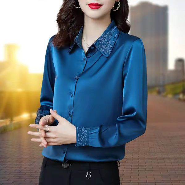 Long Sleeve Button Up Shirt  Fashion High Quality Satin Embroidery Elegant Top Blouse - Image 3