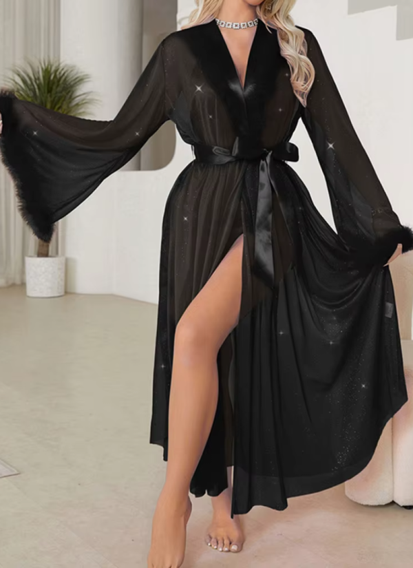 Luxury Shine Long Sleeve Plush Cuff Long Robe Night Gown