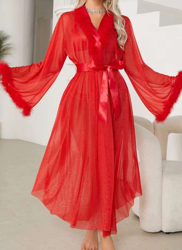 Luxury Shine Long Sleeve Plush Cuff Long Robe Night Gown - Image 5