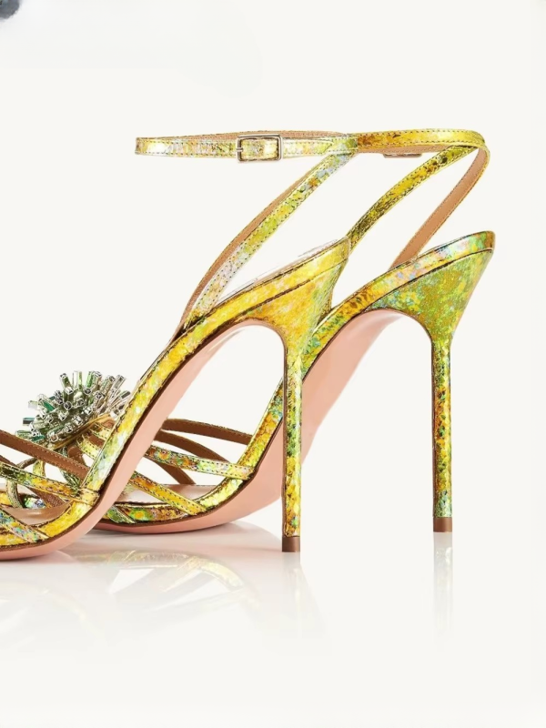 Luxury Solid Ankle Strap Crystal Flower Decor Peep Toe Stiletto High Heel - Image 6