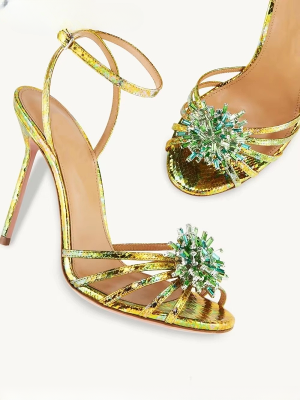 Luxury Solid Ankle Strap Crystal Flower Decor Peep Toe Stiletto High Heel - Image 5