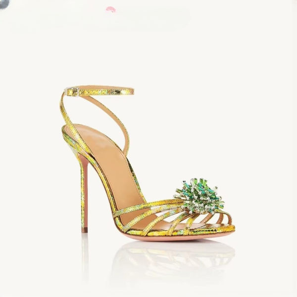 Luxury Solid Ankle Strap Crystal Flower Decor Peep Toe Stiletto High Heel - Image 4