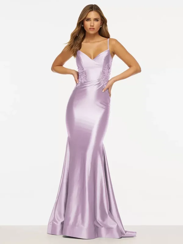 Elegant Mermaid V-Neck Sweep Sleeveless Backless Lace Satin Prom Dress - Image 10