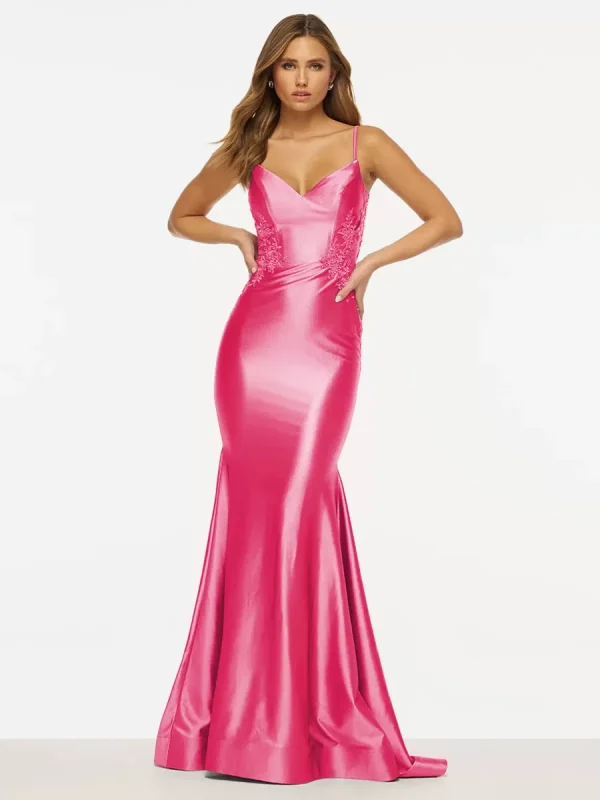 Elegant Mermaid V-Neck Sweep Sleeveless Backless Lace Satin Prom Dress - Image 11