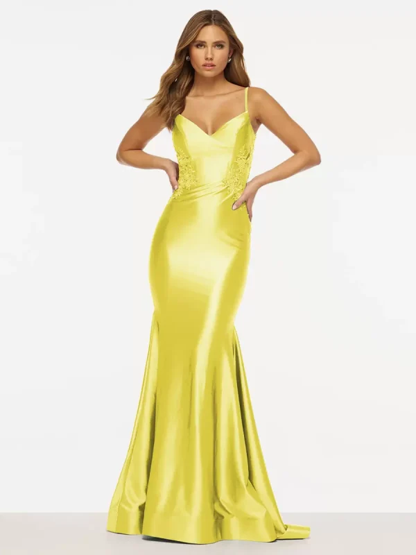 Elegant Mermaid V-Neck Sweep Sleeveless Backless Lace Satin Prom Dress - Image 12