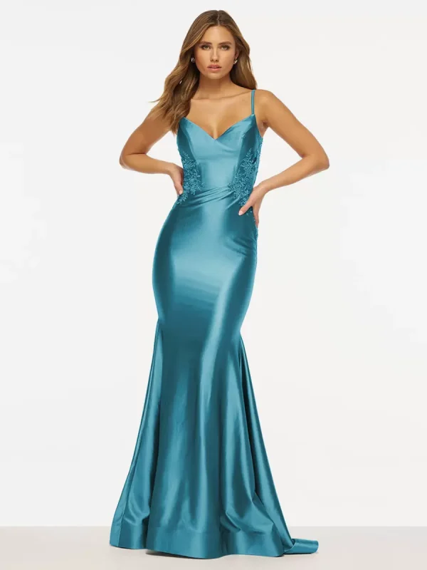 Elegant Mermaid V-Neck Sweep Sleeveless Backless Lace Satin Prom Dress - Image 13