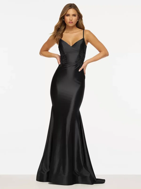 Elegant Mermaid V-Neck Sweep Sleeveless Backless Lace Satin Prom Dress - Image 16