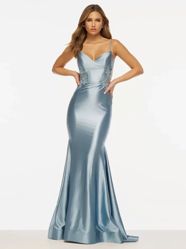 Elegant Mermaid V-Neck Sweep Sleeveless Backless Lace Satin Prom Dress - Image 5