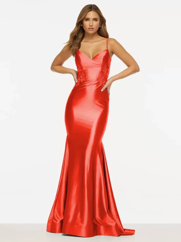 Elegant Mermaid V-Neck Sweep Sleeveless Backless Lace Satin Prom Dress - Image 6