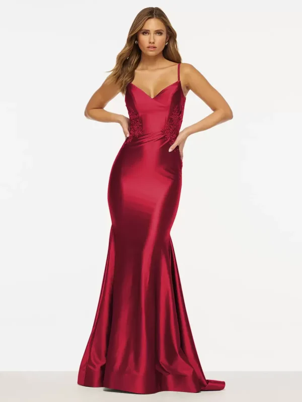 Elegant Mermaid V-Neck Sweep Sleeveless Backless Lace Satin Prom Dress - Image 7