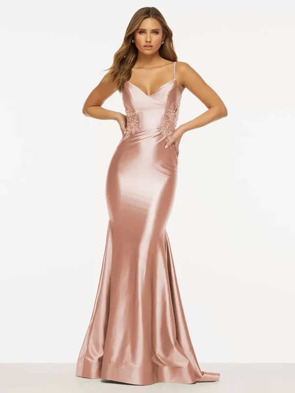 Elegant Mermaid V-Neck Sweep Sleeveless Backless Lace Satin Prom Dress - Image 8