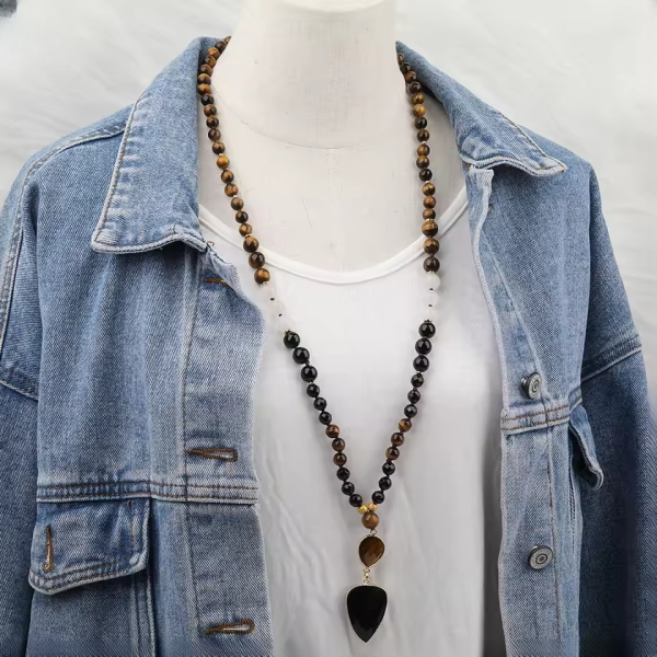 Natural Tiger Eye Agates Round Beads Knot Handmade Necklace