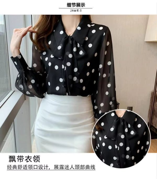 Polka Dot Printing  Fashion Turn-down Collar Bow Long Sleeve Chiffon Shirt - Image 2