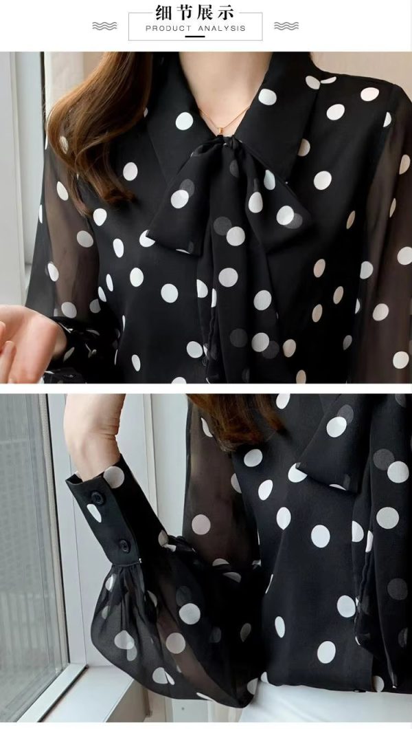 Polka Dot Printing  Fashion Turn-down Collar Bow Long Sleeve Chiffon Shirt - Image 10