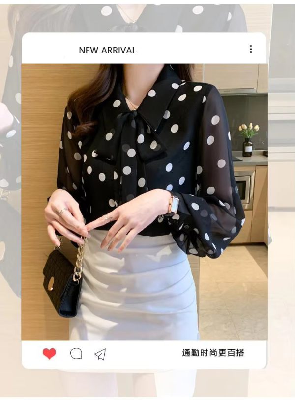 Polka Dot Printing  Fashion Turn-down Collar Bow Long Sleeve Chiffon Shirt - Image 11