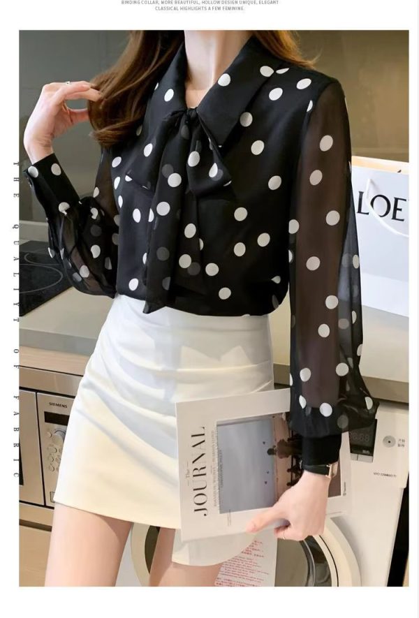 Polka Dot Printing  Fashion Turn-down Collar Bow Long Sleeve Chiffon Shirt - Image 12