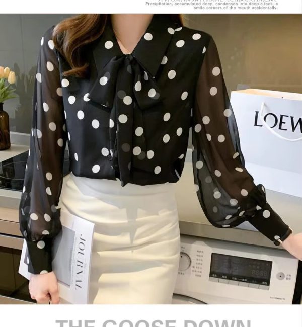 Polka Dot Printing  Fashion Turn-down Collar Bow Long Sleeve Chiffon Shirt - Image 13