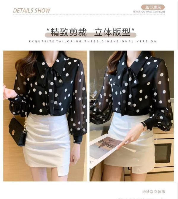 Polka Dot Printing  Fashion Turn-down Collar Bow Long Sleeve Chiffon Shirt - Image 14