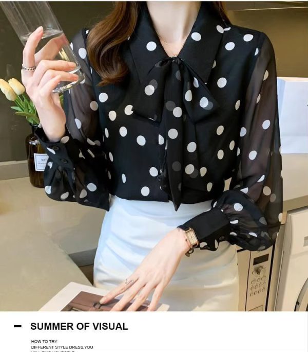 Polka Dot Printing  Fashion Turn-down Collar Bow Long Sleeve Chiffon Shirt - Image 3