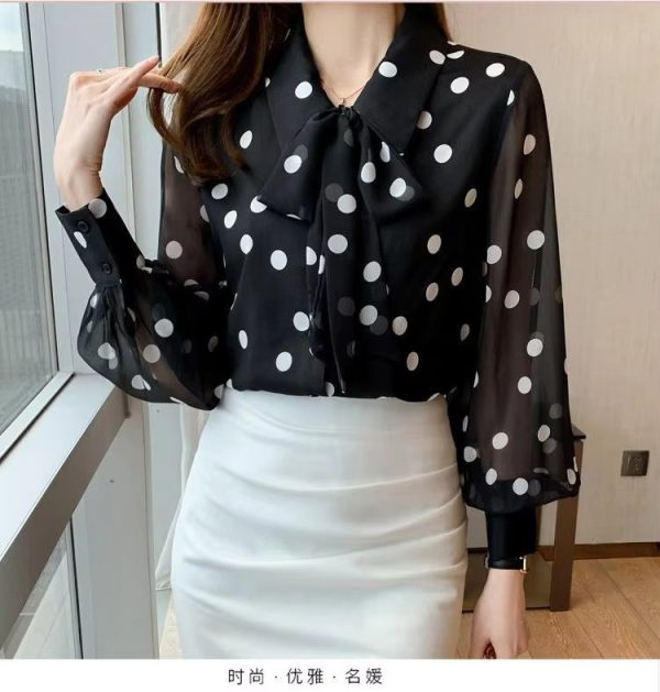 Polka Dot Printing  Fashion Turn-down Collar Bow Long Sleeve Chiffon Shirt - Image 4