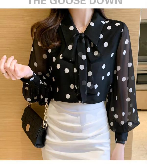 Polka Dot Printing  Fashion Turn-down Collar Bow Long Sleeve Chiffon Shirt