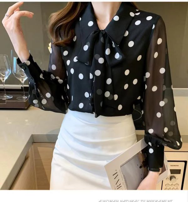 Polka Dot Printing  Fashion Turn-down Collar Bow Long Sleeve Chiffon Shirt - Image 5