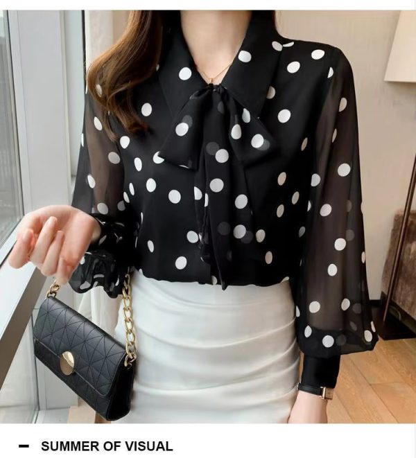 Polka Dot Printing  Fashion Turn-down Collar Bow Long Sleeve Chiffon Shirt - Image 6