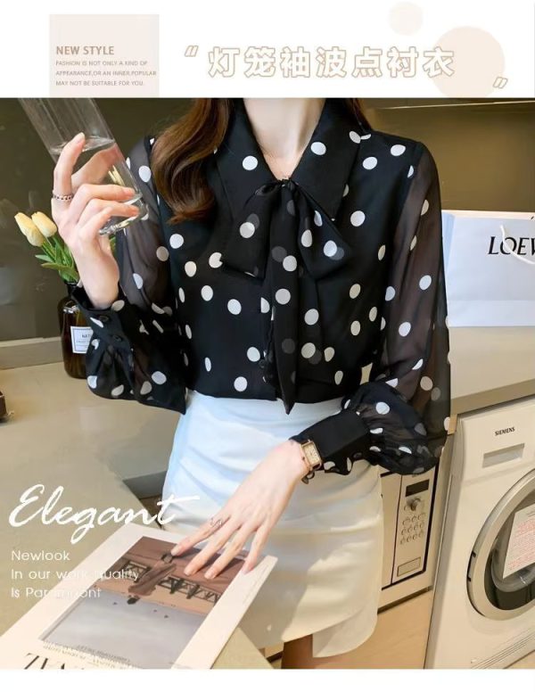 Polka Dot Printing  Fashion Turn-down Collar Bow Long Sleeve Chiffon Shirt - Image 7