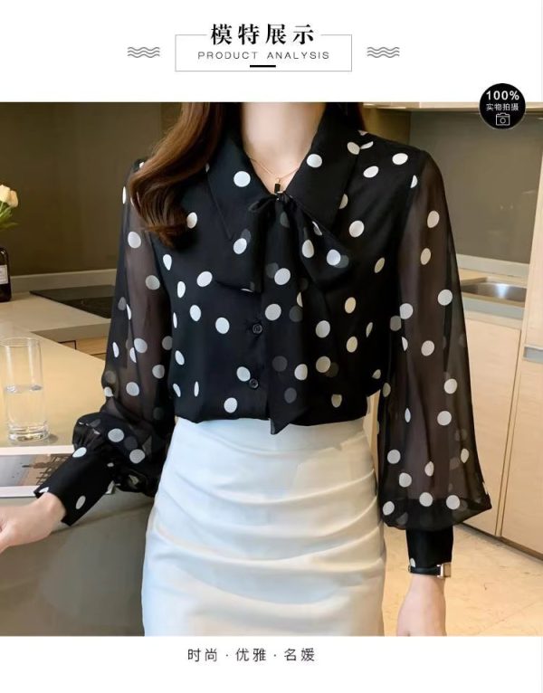 Polka Dot Printing  Fashion Turn-down Collar Bow Long Sleeve Chiffon Shirt - Image 8