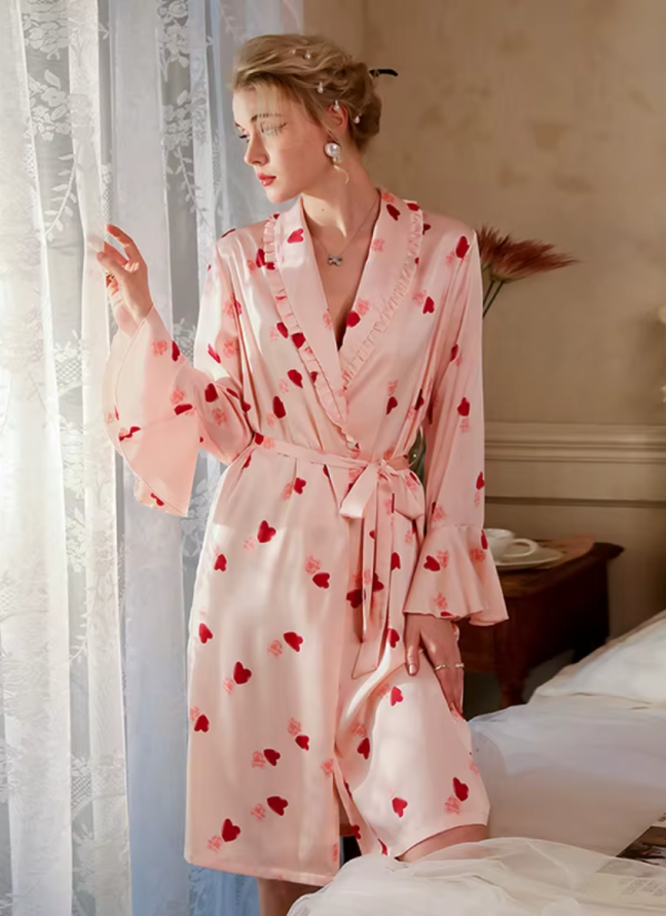 Print Bathrobe Satin Robe Long Sleeve Soft Sleepwear Nightgowns