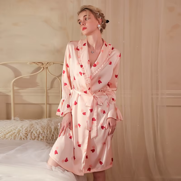 Print Bathrobe Satin Robe Long Sleeve Soft Sleepwear Nightgowns - Image 4