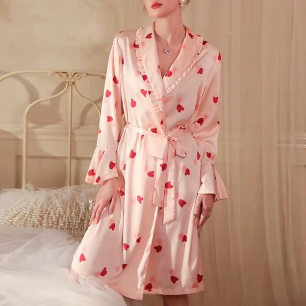 Print Bathrobe Satin Robe Long Sleeve Soft Sleepwear Nightgowns - Image 2