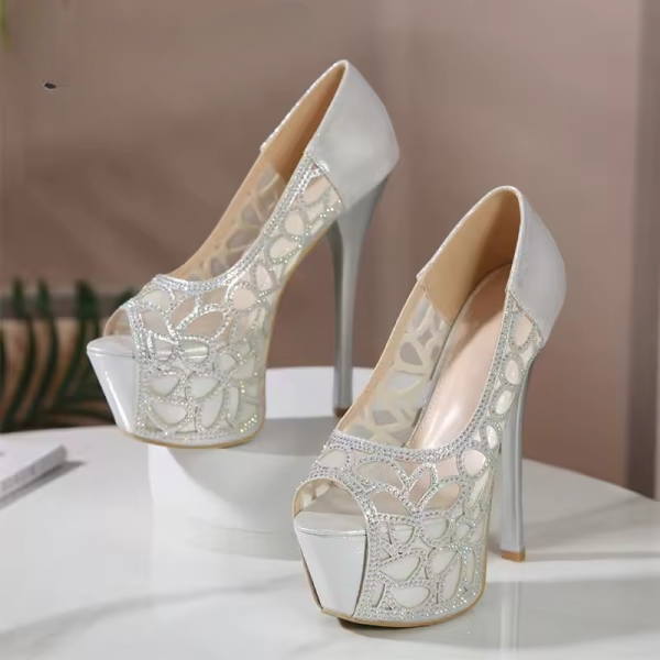 Rhinestone Mesh Platform SLIP-ON Open Toe Super Pumps High Heels - Image 3