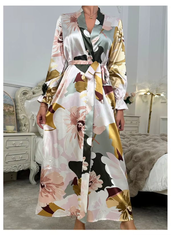 Robe Floral Sleepwear Long Sleeve Comfortable Imitation Silk Nightgowns - Image 5