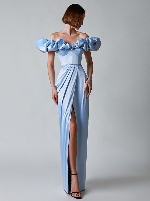 Ruffles Off The Shoulder High Slit Pleated Maxi Dresses