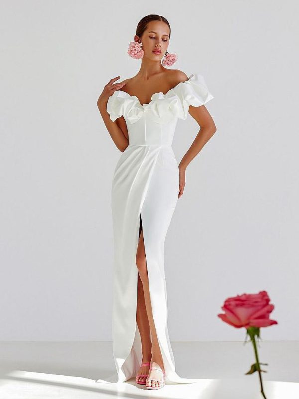 Ruffles Off The Shoulder High Slit Pleated Maxi Dresses - Image 5