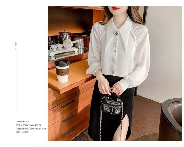 Beading Diamonds Korean Single-breasted Fashion  Elegant Lapel Shirt - Image 11