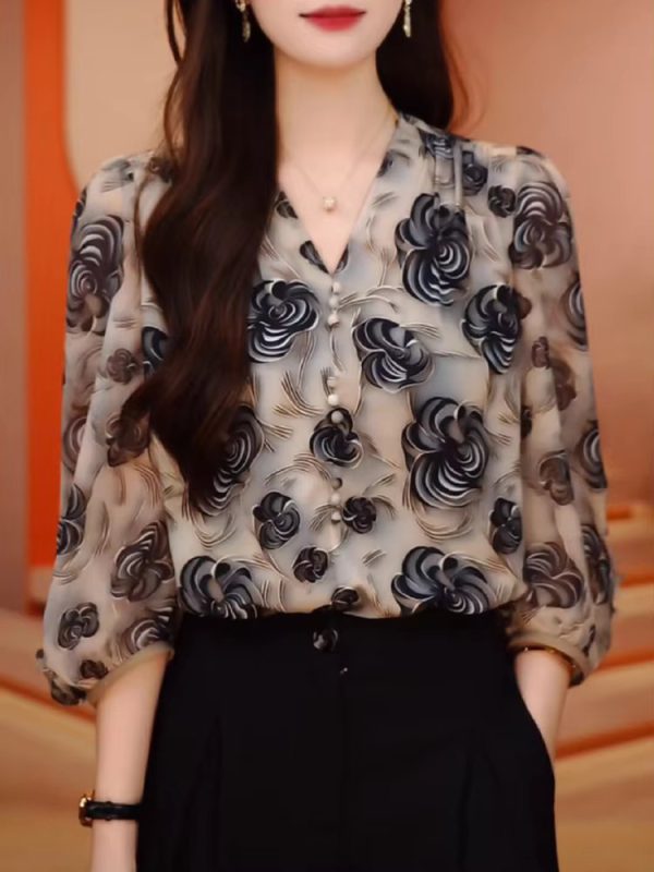 Flowers V-neck  Stylish Sweet Ruffles Spliced Loose Shirt