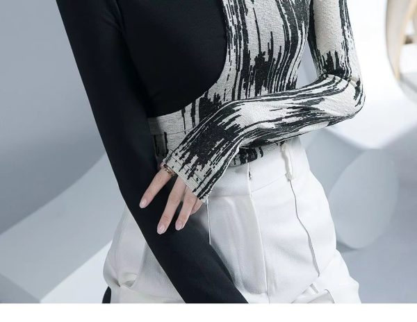 Turtleneck Long Sleeve Fashion High Street Printing Hollow Out Pullovers Elegant Slim Chic Top - Image 6