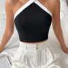 Contrast Trim Halter Neck Casual Backless Sleeveless Tank Top - Image 8