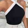 Contrast Trim Halter Neck Casual Backless Sleeveless Tank Top - Image 6