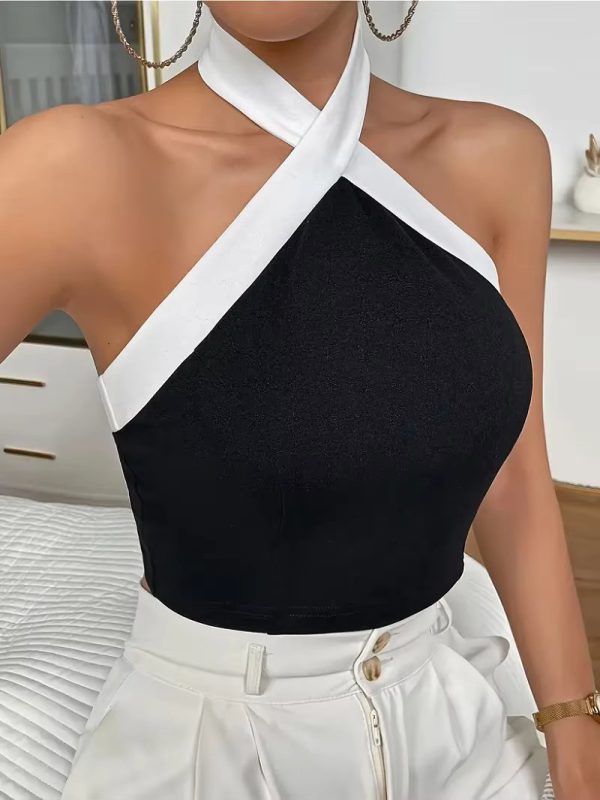 Contrast Trim Halter Neck Casual Backless Sleeveless Tank Top - Image 6