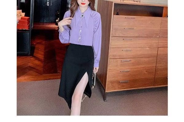 Beading Diamonds Korean Single-breasted Fashion  Elegant Lapel Shirt - Image 8