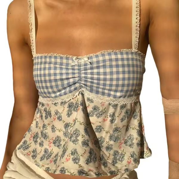 Plaid Floral Fashion Camisoles  Lace Trim Sleeveless Sling Tank Slim Vests Tops - Image 2