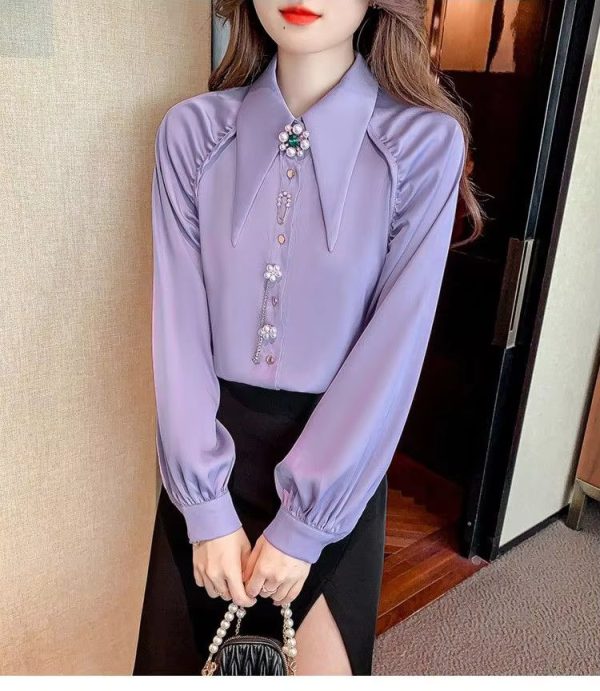 Beading Diamonds Korean Single-breasted Fashion  Elegant Lapel Shirt - Image 5