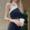 Contrast Trim Halter Neck Casual Backless Sleeveless Tank Top - Image 7