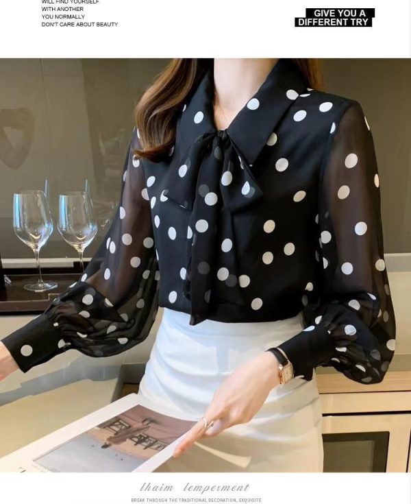 Fashion Turn-down Collar Bow Pattern Long Sleeve Single Breasted Tops - Image 8