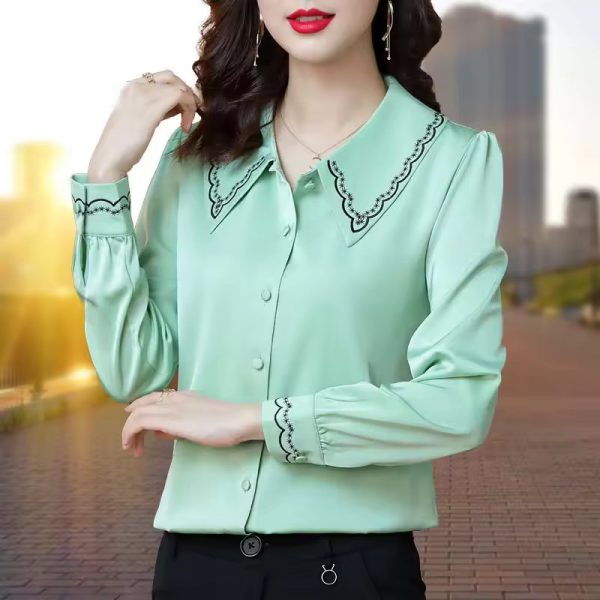 Satin Embroidery Elegant Chic Fashion Long Sleeve Button Up Shirt - Image 3