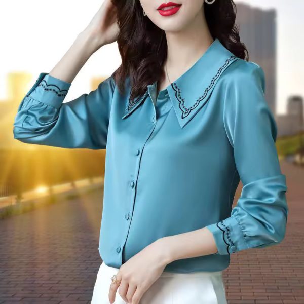 Satin Embroidery Elegant Chic Fashion Long Sleeve Button Up Shirt - Image 4