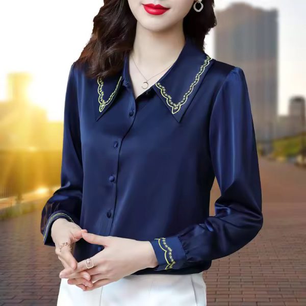 Satin Embroidery Elegant Chic Fashion Long Sleeve Button Up Shirt